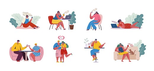 People drinking coffee. Trendy cartoon characters sitting at tables and communicating. Vector set of scenes at coffee shop and cafe, cafeteria, dining talk with friends or work on laptop