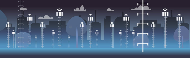 Obraz premium smart city 5G online wireless systems base station receiver connection concept fifth innovative generation of high speed internet horizontal cityscape background vector illustration