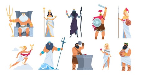 Greek gods. Cartoon ancient mythology characters, vector Zeus Ares a Poseidon gods and goddess isolated on white background. Cartoon image history character Greek culture collection