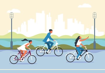 People riding bicycle. Cartoon active characters in city park riding bike, active and healthy lifestyle concept. Vector banner resting on fresh air group bikes tourists