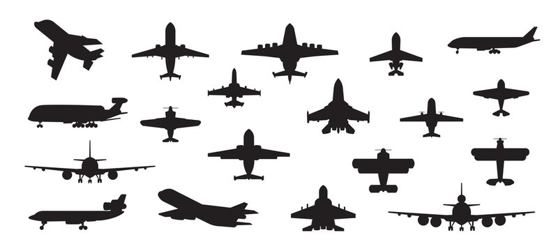 Airplane silhouette. Military jet plane and civil aviation passenger and cargo aircraft isolated on white. Vector air transport set for traveller on commercial jet