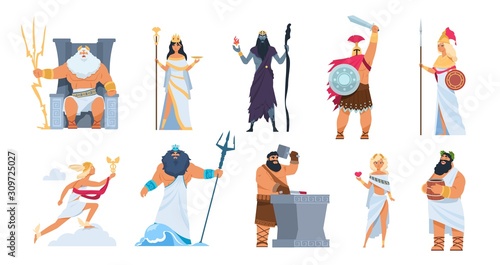 Greek Gods Cartoon Ancient Mythology Characters, Vector Zeus Ares A