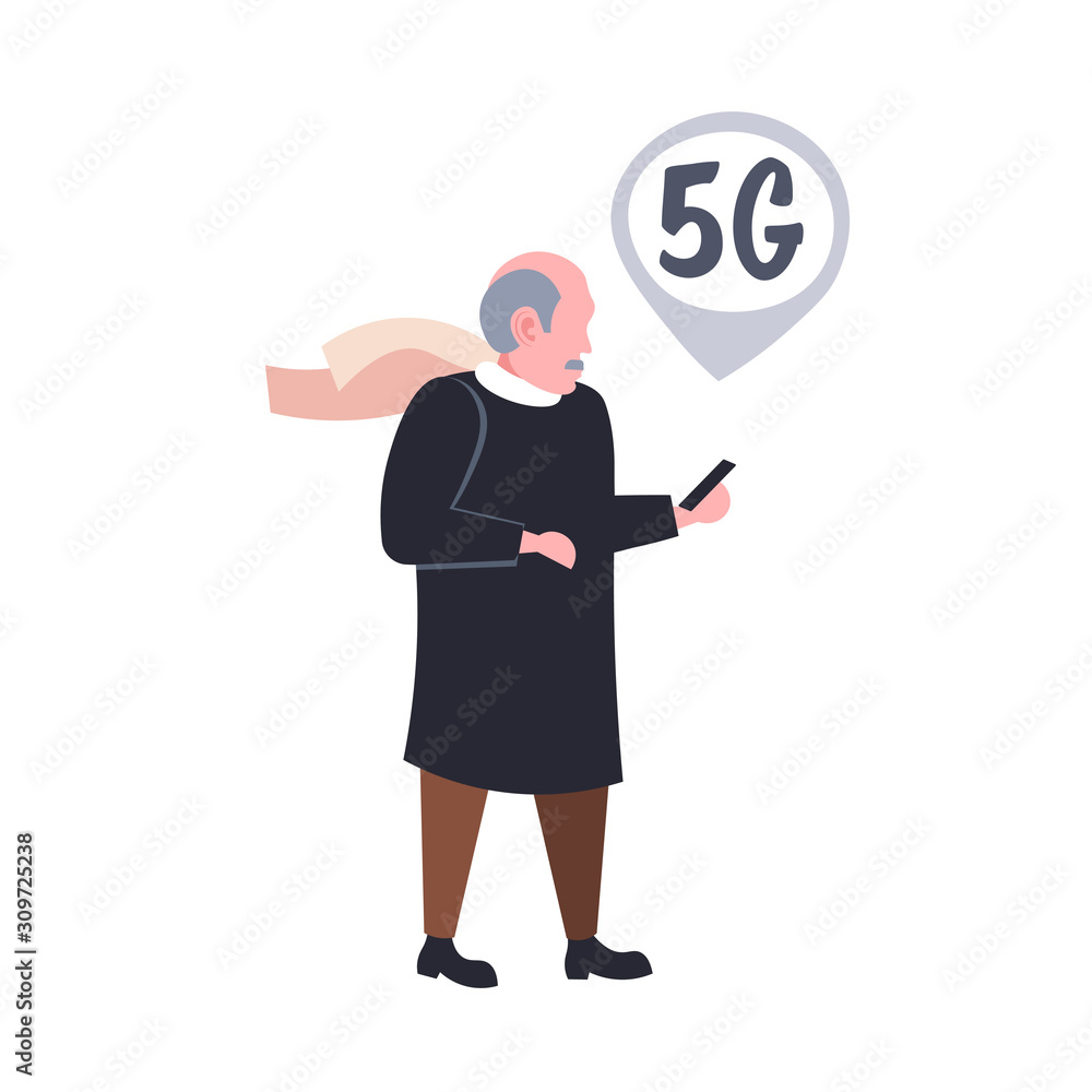 Aufkleber man using smartphone 5g online communication fifth innovative generation of internet connection conc
