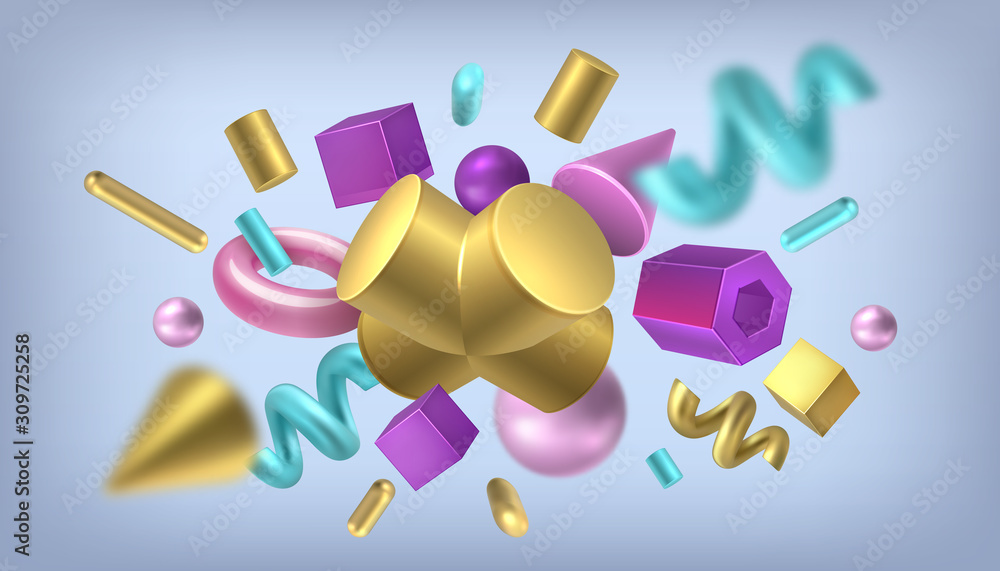 Poster render shapes background. isometric golden memphis elements, abstract geometric metal shapes. vector