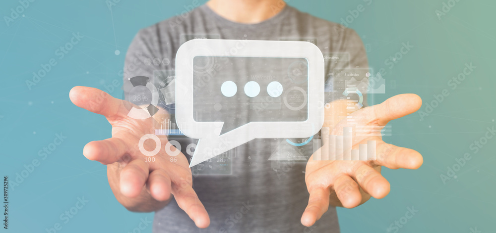 Poster view of a businessman holding a message icon with data in background - 3d rendering