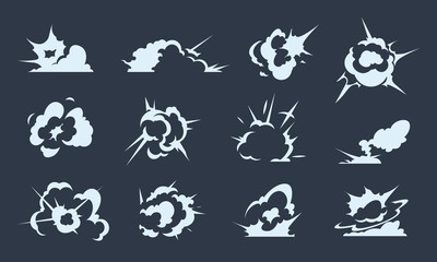 Cartoon explosion effect. Doodle smoke clouds and power blast effects, energy explosion and dust puff. Vector illustration comic spark set animation flash exploding