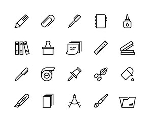 Stationery line icons. School and office supplies with pen pencil scissor folder glue and stickers. Vector paper duct tape and ruler set, stickers, eraser, clips, brush, notebook