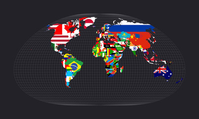 Map of the world with flags. Loximuthal projection. Map of the world with meridians on dark background. Vector illustration.