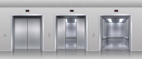 Realistic elevators. Closed open and half closed metallic cabin doors of passenger and cargo lift or indicator. Vector interior with metal doors, steel open and closing lifts in corridor © SpicyTruffel