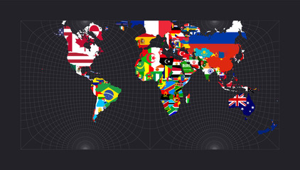Map with flagsofallcountries of the world. Guyou hemisphere-in-a-square projection. Map of the world with meridians on dark background. Vector illustration.