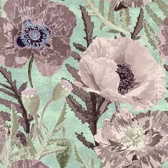 Photo sur Plexiglas Coquelicots Motif floral vintage sans couture. Coquelicots rose clair sur fond vert.