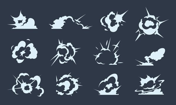 Cartoon explosion effect. Doodle smoke clouds and power blast effects, energy explosion and dust puff. Vector illustration comic spark set animation flash exploding