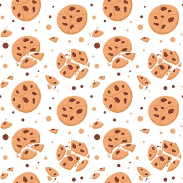 Chocolate cookies pattern. Cartoon seamless background texture of sweet bakery dessert with chocolate chips and crumbs. Vector funny sweet homemade cookies pattern