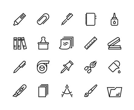 Stationery line icons. School and office supplies with pen pencil scissor folder glue and stickers. Vector paper duct tape and ruler set, stickers, eraser, clips, brush, notebook
