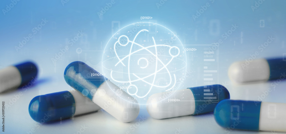 Poster view of a atom icon surrounded by data on a lab background