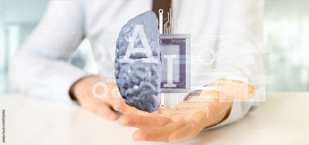 Aufkleber business man holding artificial intelligence icon with half brain and half circuit 3d rendering