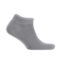 Blank grey cotton sport short sock on invisible  foot isolated on white background as mock up for advertising, branding, design, side view, template.