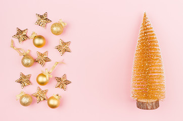 Christmas golden decoration as festive bright background with christmas tree, gold stars,...