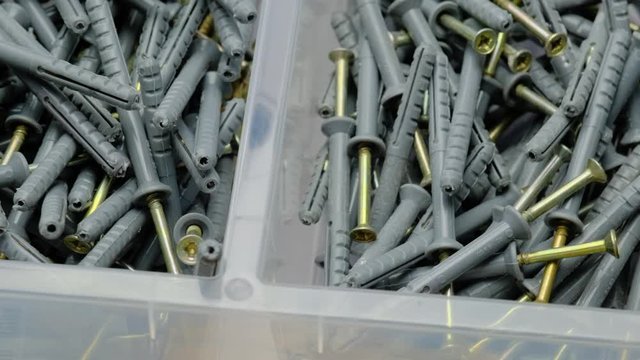 screws and dowels in a plastic box