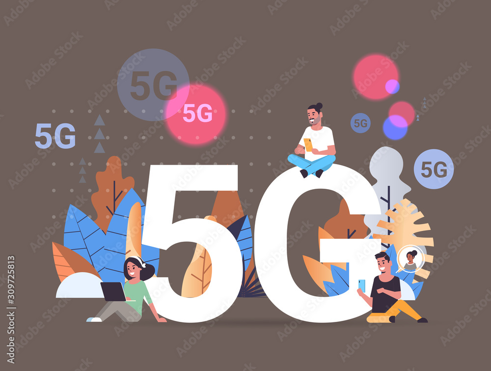 Aufkleber people using digital devices 5g online wireless system connection fifth innovative generation of hig