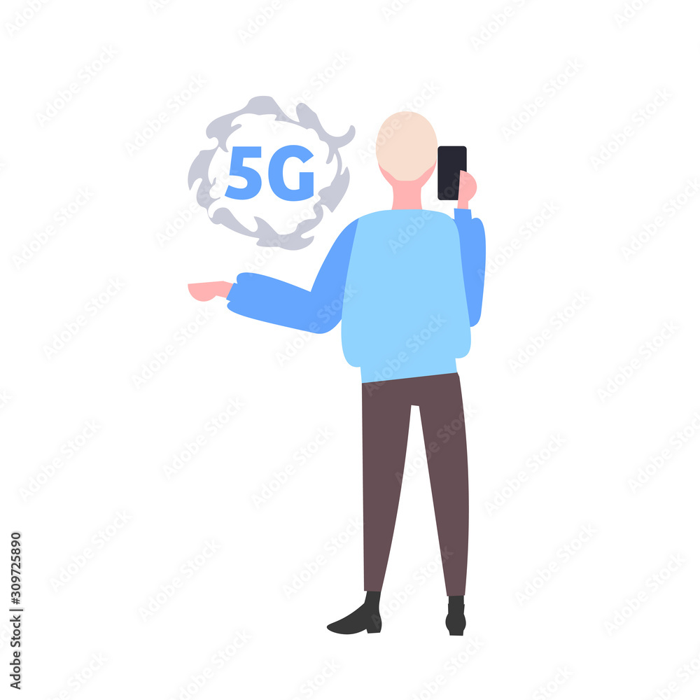 Aufkleber man using smartphone 5g online communication fifth innovative generation of internet connection conc