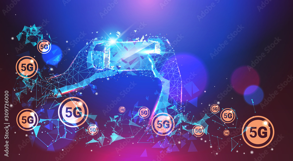 Poster human hand using smartphone 5g digital wireless systems connection global network concept fifth inno