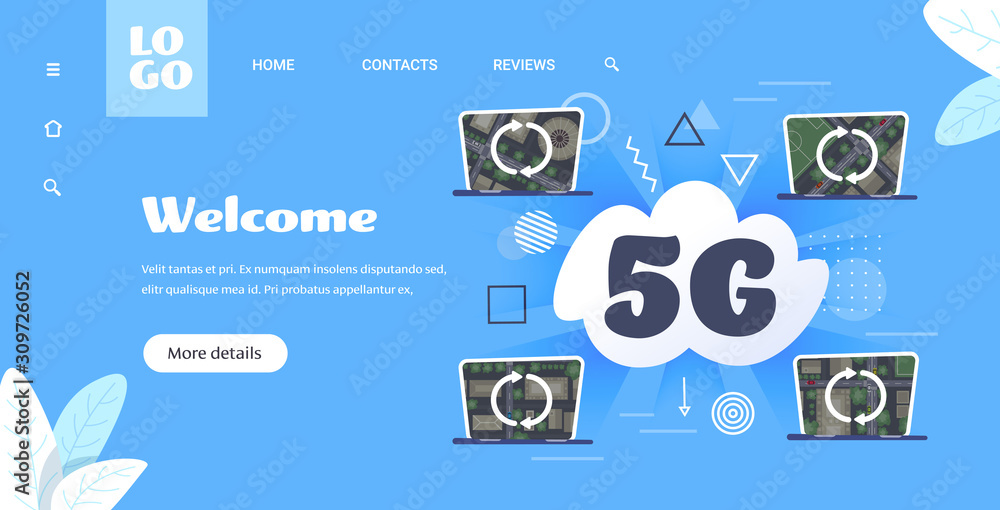 Poster 5g data cloud laptops network synchronization online communication wireless system connection concep