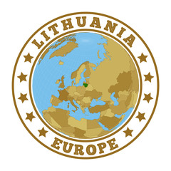 Lithuania logo. Round badge of country with map of Lithuania in world context. Country sticker stamp with globe map and round text. Vector illustration.