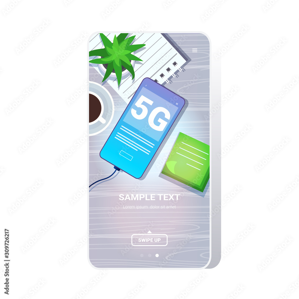 Poster cellphone on desktop 5g online communication network wireless systems connection concept fifth innov