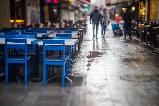 European cafes in the winter rain