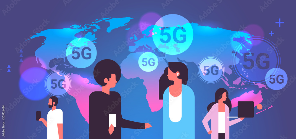 Poster people using digital devices 5g online wireless system connection global communication fifth innovat
