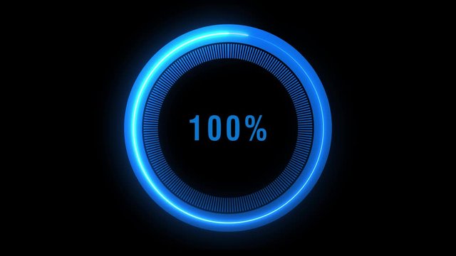 4K video animation of a circular preloader or progress bar counting from 0 to 100% with light streaks