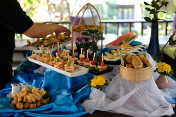 Food on buffet table background 