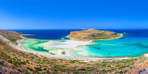 Naklejka na ściany i meble Amazing view of Balos Lagoon withmagical turquoise waters, lagoons, tropical beaches of pure white sand and Gramvousa island on Crete, Greece