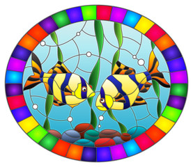 Illustration in stained glass style with a pair of barbs on the background of water and algae, oval image in bright frame 