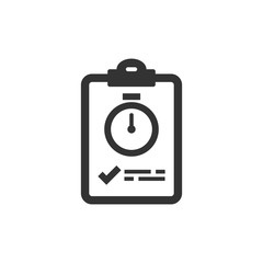 Document witch clock icon in flat style. Checklist survey vector illustration on white isolated background. Fast service business concept.