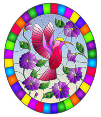 Illustration in stained glass style with a branch of purple flowers and bright pink bird Hummingbird on a blue background, round image in bright frame
