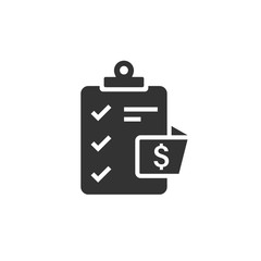 Obraz premium Document checklist icon in flat style. Report vector illustration on white isolated background. Paper sheet business concept.