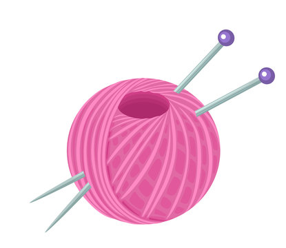 Pink yarn ball and knitting needles isolated on white background. Vector illustration of skein of thread in cartoon simple flat style. Hobby, craft, handmade concept.  