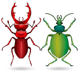 A set of illustrations in the style of stained glass with beetles, isolated on a white background