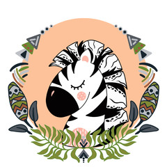 Vector illustration with cute animal. Zebra head in a round frame of flowers and leaves