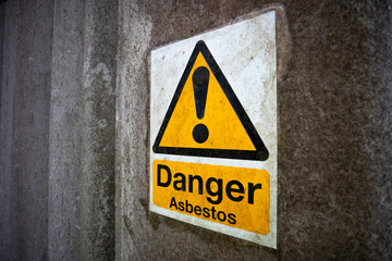 Asbestos warning sign, set of six naturally occurring silicate minerals made of microscopic fibres...