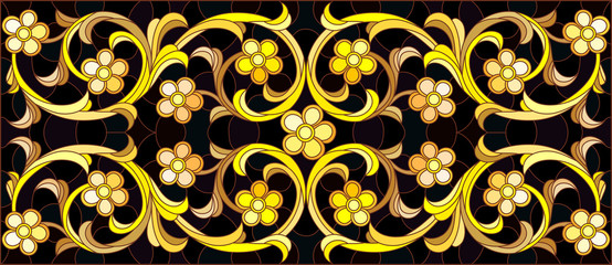 Illustration in stained glass style with floral ornament ,imitation gold on dark background with swirls and floral motif