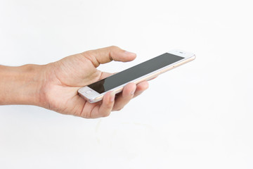 Holding a mobile phone black screen on a white background