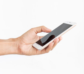 Holding a mobile phone black screen on a white background