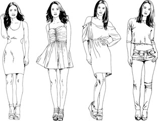 vector drawings on the theme of beautiful slim sporty girl in casual clothes in various poses painted ink hand sketch with no background