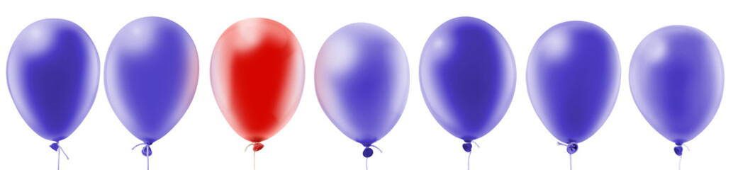 row of blue balloons and one red balloon on a white background