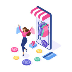Online shopping concept. Woman buy dress on the site. Can use for web banner and infographics. Isometric design. Vector illustration.