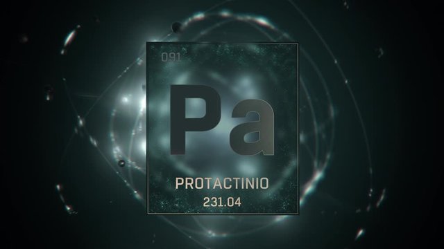 Protactinium as Element 91 of the Periodic Table. Seamlessly looping 3D animation on green illuminated atom design background with orbiting electrons. Name, atomic weight, element number in Spanish la