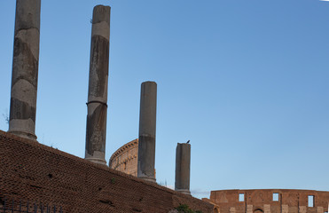 Three roman columns and Coliseum in the background